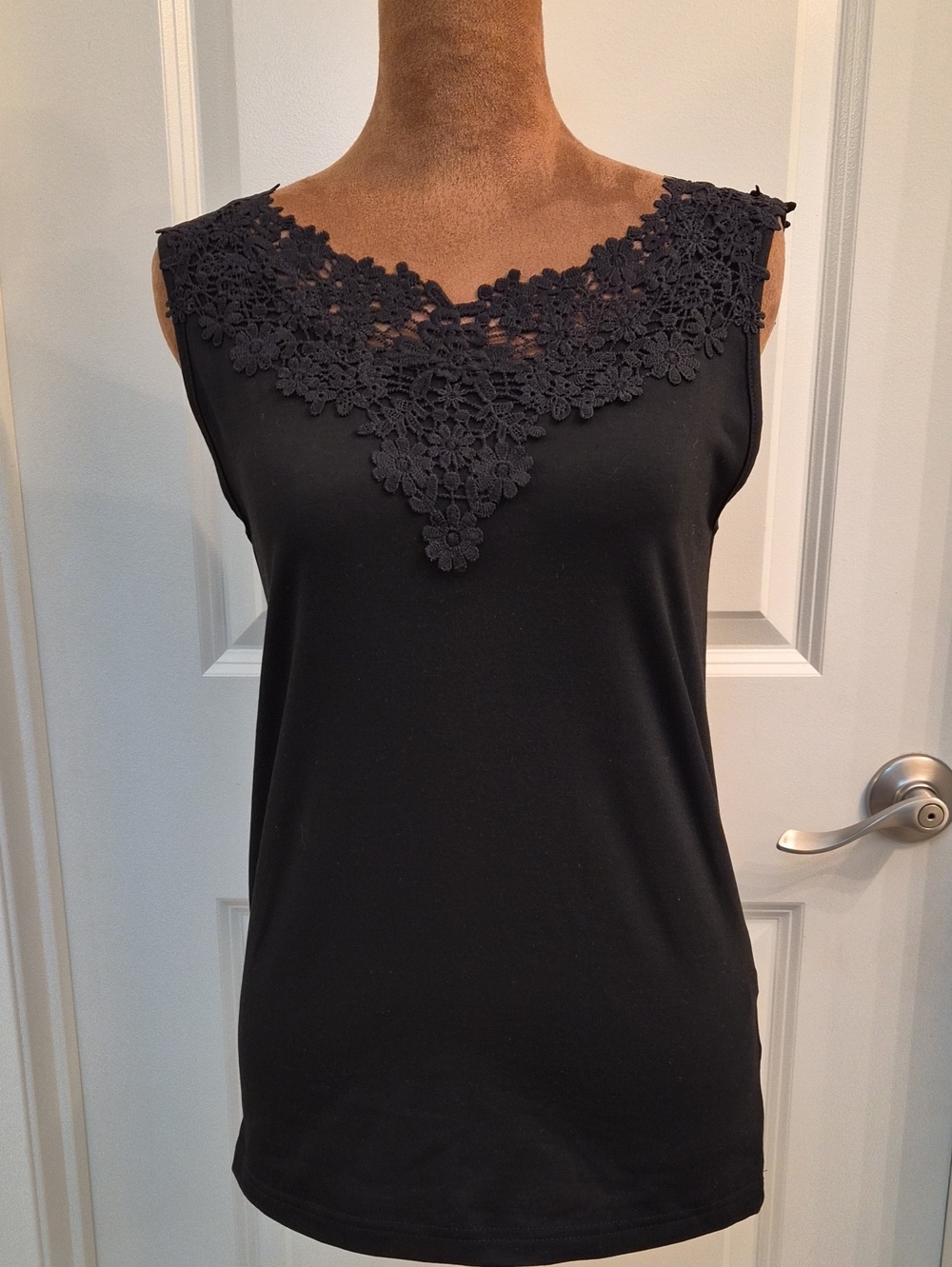 Sleeveless Black Tank Top with Crochet Floral Yoke